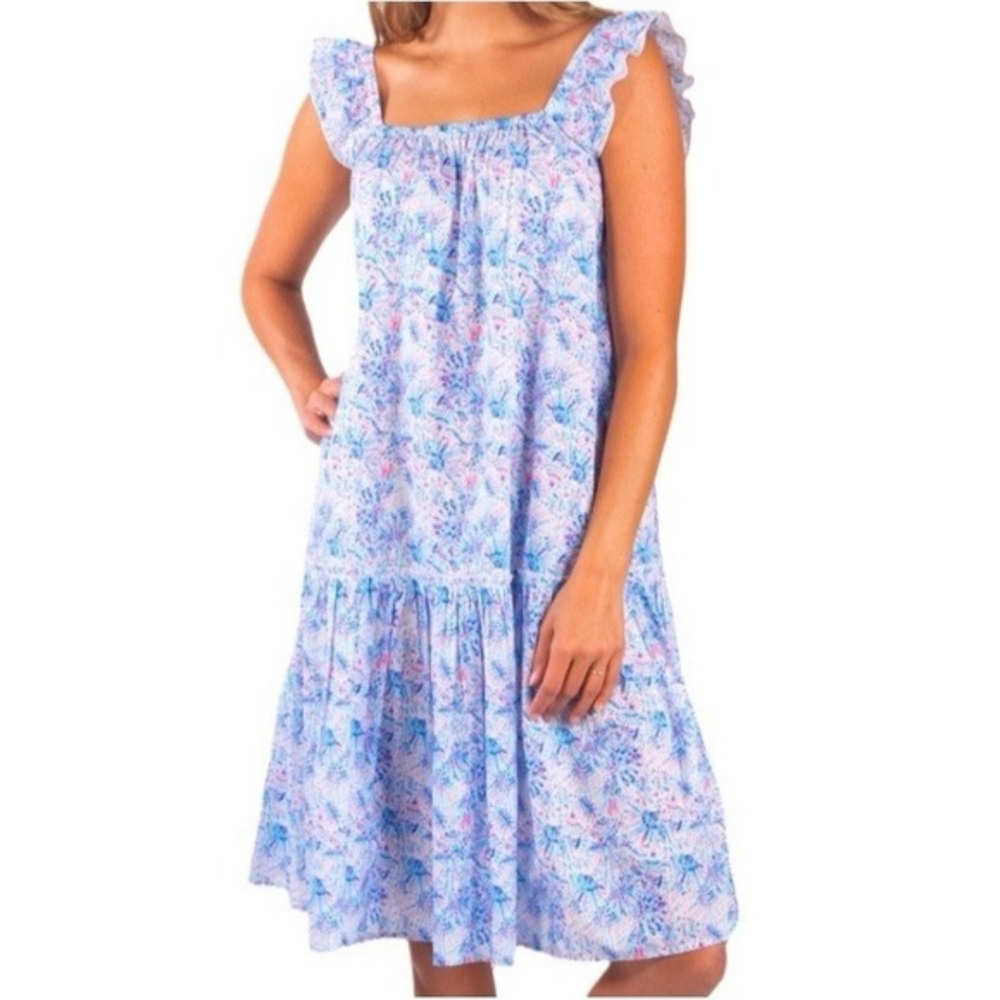 NWOT Simply Southern Drop Waist Dress Confetti Pink Blue Flutter Sleeve Cotton L - Picture 1 of 9
